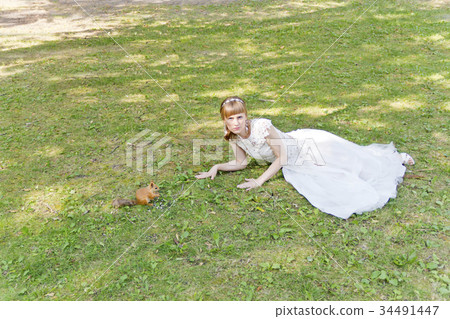 Bride in white lying on grass next to the squirrel Bride in white lying on grass next to the squirrel 34491447
