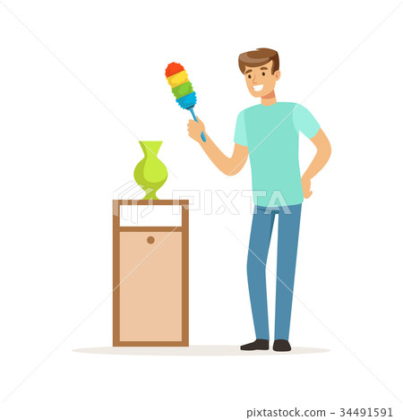 Young smiling man wiping dust at home, house 34491591