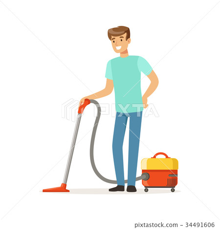 Young smiling man cleaning the floor with vacuum Young smiling man cleaning the floor with vacuum 34491606