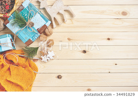 Christmas background on wooden boards 34491829