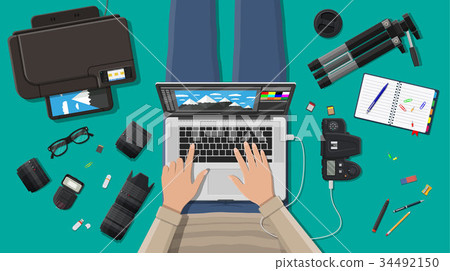Workspace of freelance photographer. Workspace of freelance photographer. 34492150