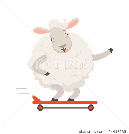 Cute white sheep character riding a skateboard 34492386