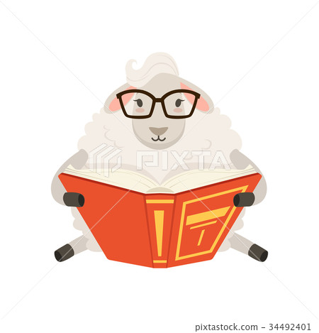 Cute white sheep character sitting and reading a Cute white sheep character sitting and reading a 34492401