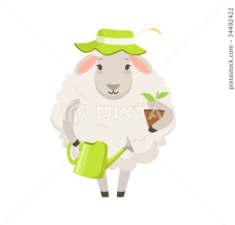 Cute white sheep character wearing green hat Cute white sheep character wearing green hat 34492422