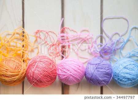 Balls of colored yarn. View from above.  34497797