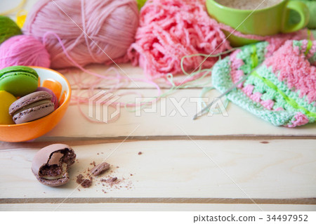Balls of colored yarn. View from above.  34497952