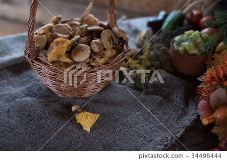 Different mushrooms in basket 34498444