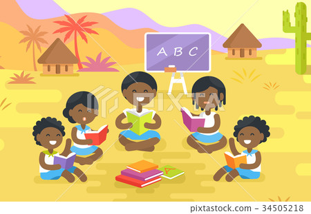 African Children Read Books Outdoor in Village 34505218