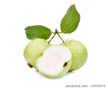 whole and half guava fruit with green leaf isolate 34509178