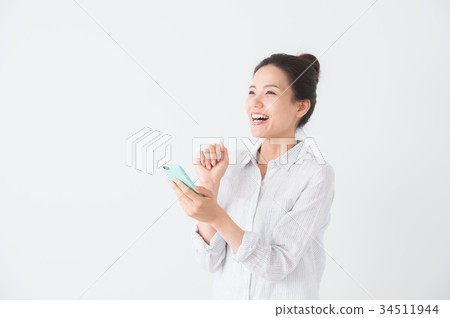 A woman who operates a smartphone (white background) A woman who operates a smartphone (white background) 34511944