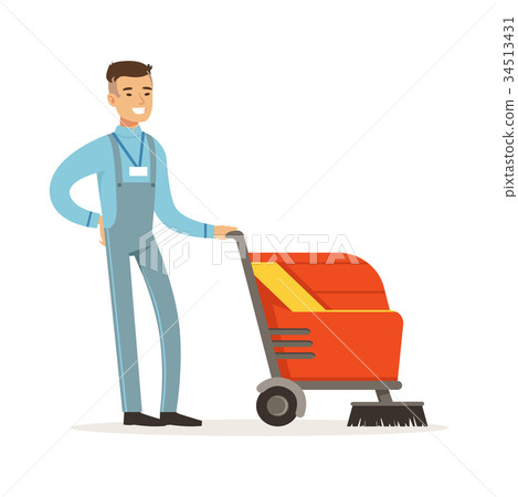 Young smiling janitor with washing machine Young smiling janitor with washing machine 34513431