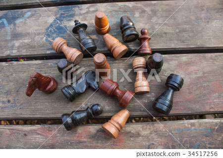 Chess Set. vintage wooden figures closeup  34517256