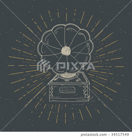 Gramophone vintage label, retro badge vector 34517549