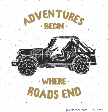 Offroad car, vintage label, retro badge, vector 34517559