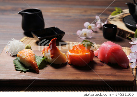 Sushi Set sashimi and sushi rolls with tea on wood background Sushi Set sashimi and sushi rolls with tea on wood background 34521100