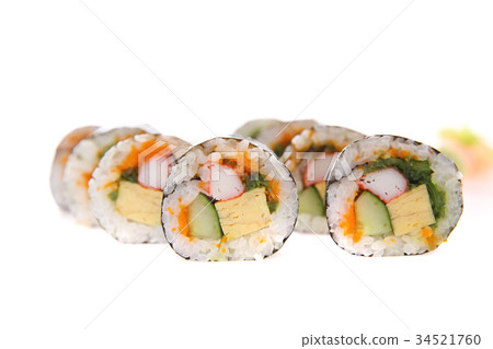 Futomaki sushi , Japanese roll rice egg avocado cucumber and caviar isolated in white background 34521760