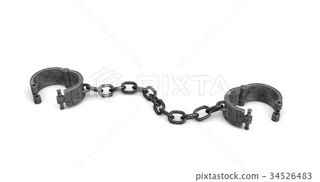 3d rendering of old iron arm shackles on a chain 34526483
