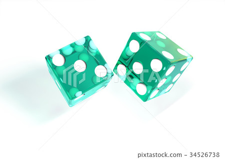 transparent turquoise rolling dices with dots. On white background isolated. 34526738
