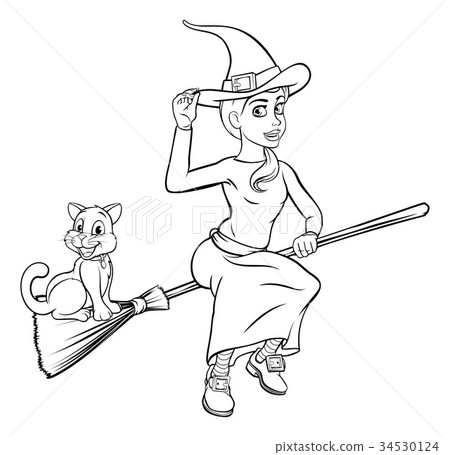 Cartoon Witch and Cat Flying on her Broomstick Cartoon Witch and Cat Flying on her Broomstick 34530124