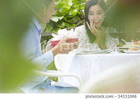 An Asian woman is surprised because of her boyfriend's gift. An Asian woman is surprised because of her boyfriend's gift. 34531066
