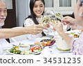 a young asian woman is having dinner and cheering up with family in a restaurant 34531235