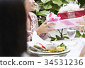 a woman is getting gifts from someone in her birthday party 34531236