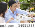 a luxurious man is smiling and sharing food for his wife at a party in a restaurant 34531238
