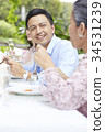 a handsome man is talking with his mother when eating 34531239