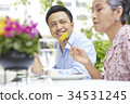 a young man is looking his grandmother and smiling with happiness 34531245