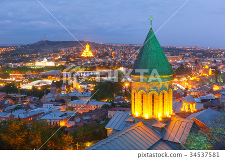 Night aerial view of Old Town, Tbilisi, Georgia Night aerial view of Old Town, Tbilisi, Georgia 34537581