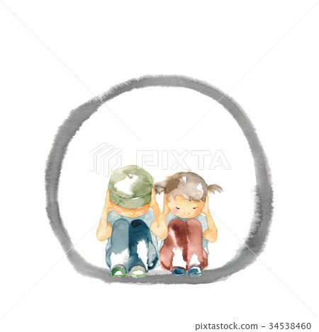 A child who blocks his ears, two black circles 34538460