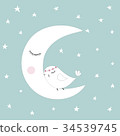 Sleeping half moon white cute bird blue sky stars 34539745
