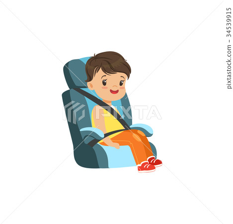 Cute little boy sitting in blue car seat, safety - Stock Illustration ...