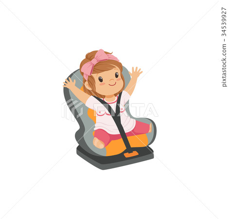 Sweet little girl sitting in grey car seat, safety Sweet little girl sitting in grey car seat, safety 34539927