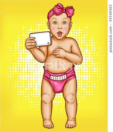Stylish baby girl with cellphone pop art vector 34540565