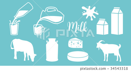 Cow silhouette, diary, cheese, goat, milk can 34543318