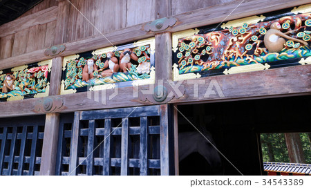 Nikko Toshogu Shrine God Stables Sculpture of monkeys and God Ma Nikko Toshogu Shrine God Stables Sculpture of monkeys and God Ma 34543389
