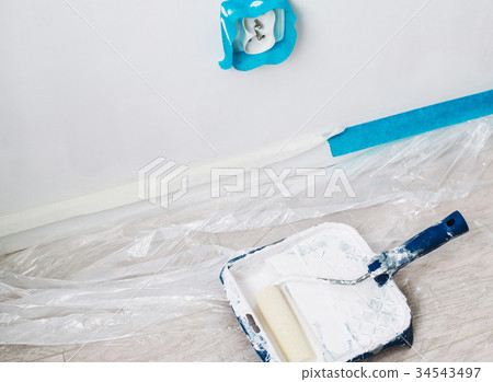 close up on brush with white pain, home repair close up on brush with white pain, home repair 34543497