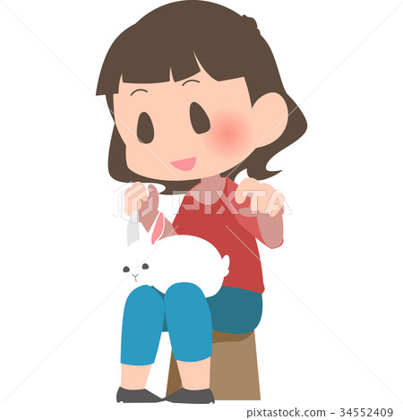 把兔子放的婦女在膝蓋上 34552409