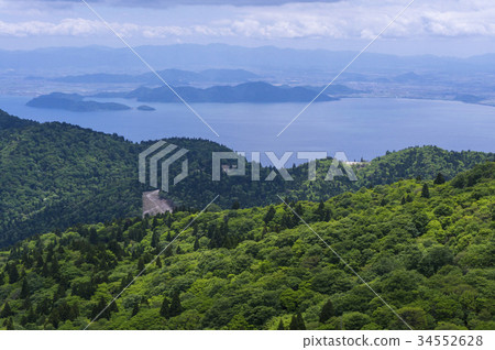 Lake Biwa off Oshima Island and Omi Hachiman city from the summit of Mount Unagatake 34552628