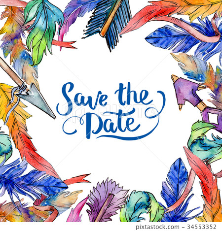 Watercolor bird feather wreath from wing. 34553352