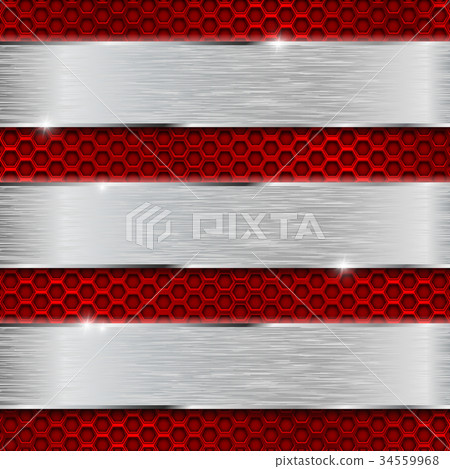 Brushed steel plates on red perforated background 34559968