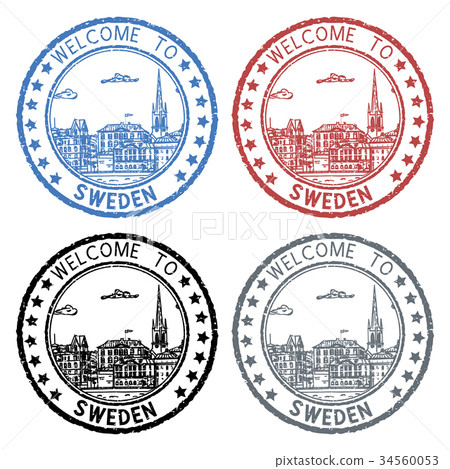 Welcome to Sweden. Colored postal stamps, round Welcome to Sweden. Colored postal stamps, round 34560053