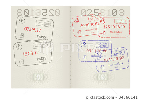 Passport pages with international stamps Passport pages with international stamps 34560141