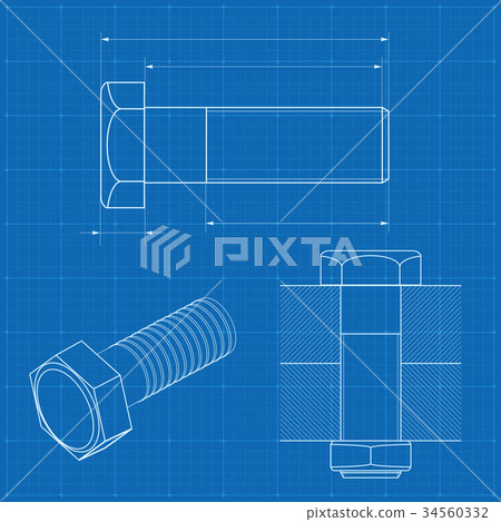 Metal Bolt Technical Drawing On Blueprint Stock Illustration Pixta