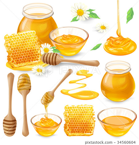 Set of vector illustrations of honey in honeycombs 34560604