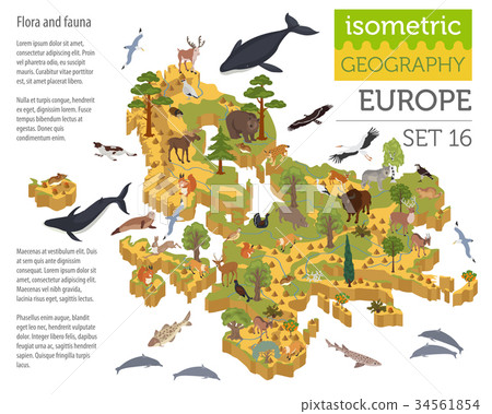 Isometric 3d European flora and fauna map 34561854