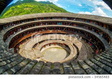 aerial view of fujian tulou (hakka roundhouse) via 34565483