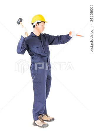 Man hold hammer and cold chisel on white Man hold hammer and cold chisel on white 34566003