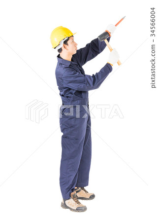Man hold hammer and cold chisel on white Man hold hammer and cold chisel on white 34566004